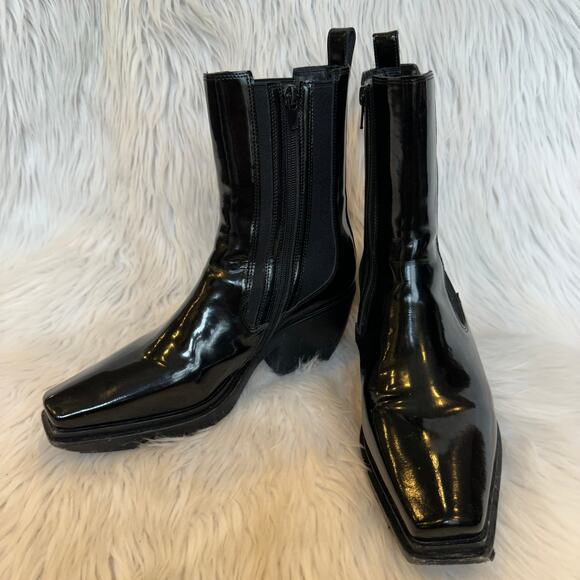 Jeffrey Campbell Zelton Boots Patent Leather Stacked Heel Mid Calf Boots Black - Picture 5 of 11